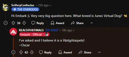 Embark commenting on June's virtual dog, which was later confirmed to be a Swedish Vallhund
